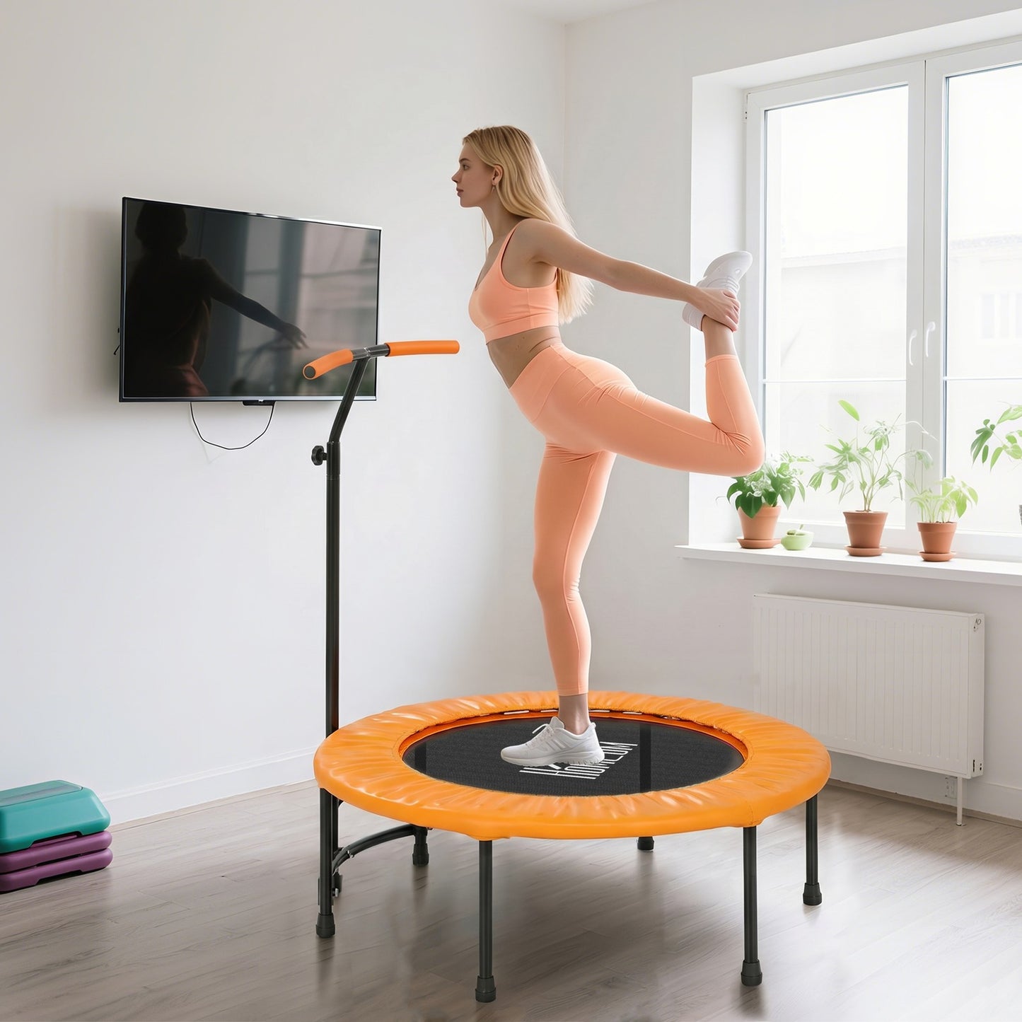 40" Trampoline Rebounder, Rebounder Trampoline, with Adjustable Handle, Orange