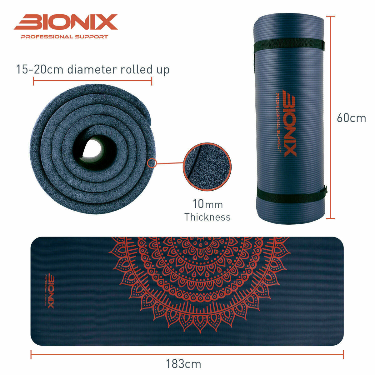 Yoga Mat Thick 10Mm Non Slip Gym Exercise Fitness Pilates Carry Strap NBR 183X62